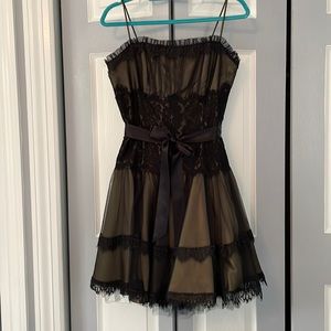 Jessica McClintock cocktail mesh/lace in black with olive green lining and tulle